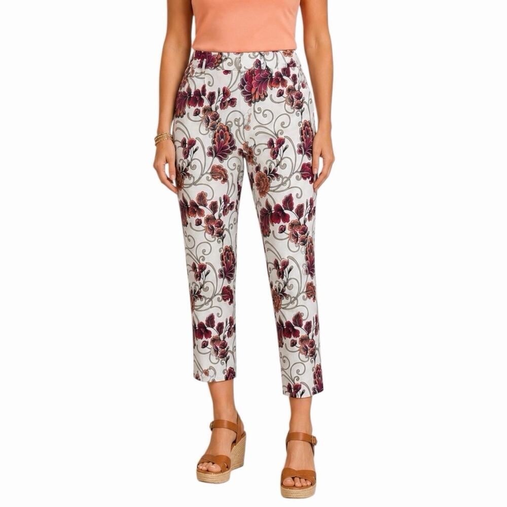 Chicos Size 3 Perfect Stretch Ankle Pant Women’s 16 Floral Pull On White Peach